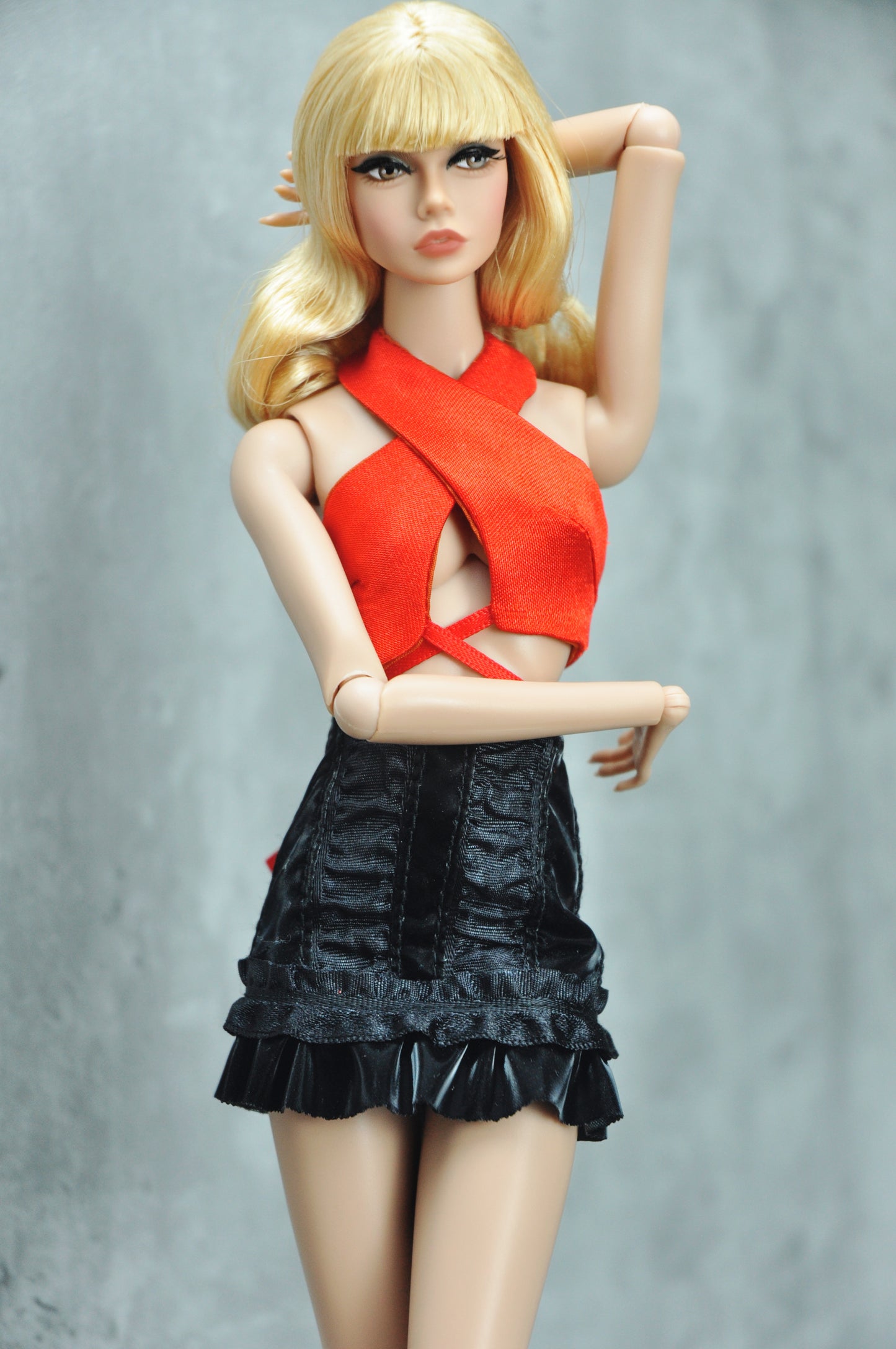 A WAVE 2 - Y2K COLLECTION | Jacket with rose adorn, halter top and leather ruffled skirt