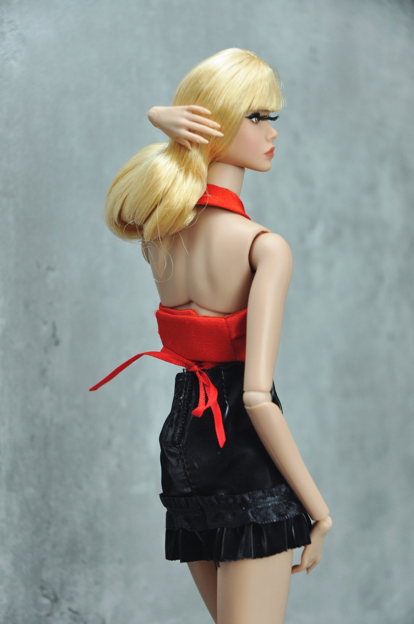 A WAVE 2 - Y2K COLLECTION | Jacket with rose adorn, halter top and leather ruffled skirt