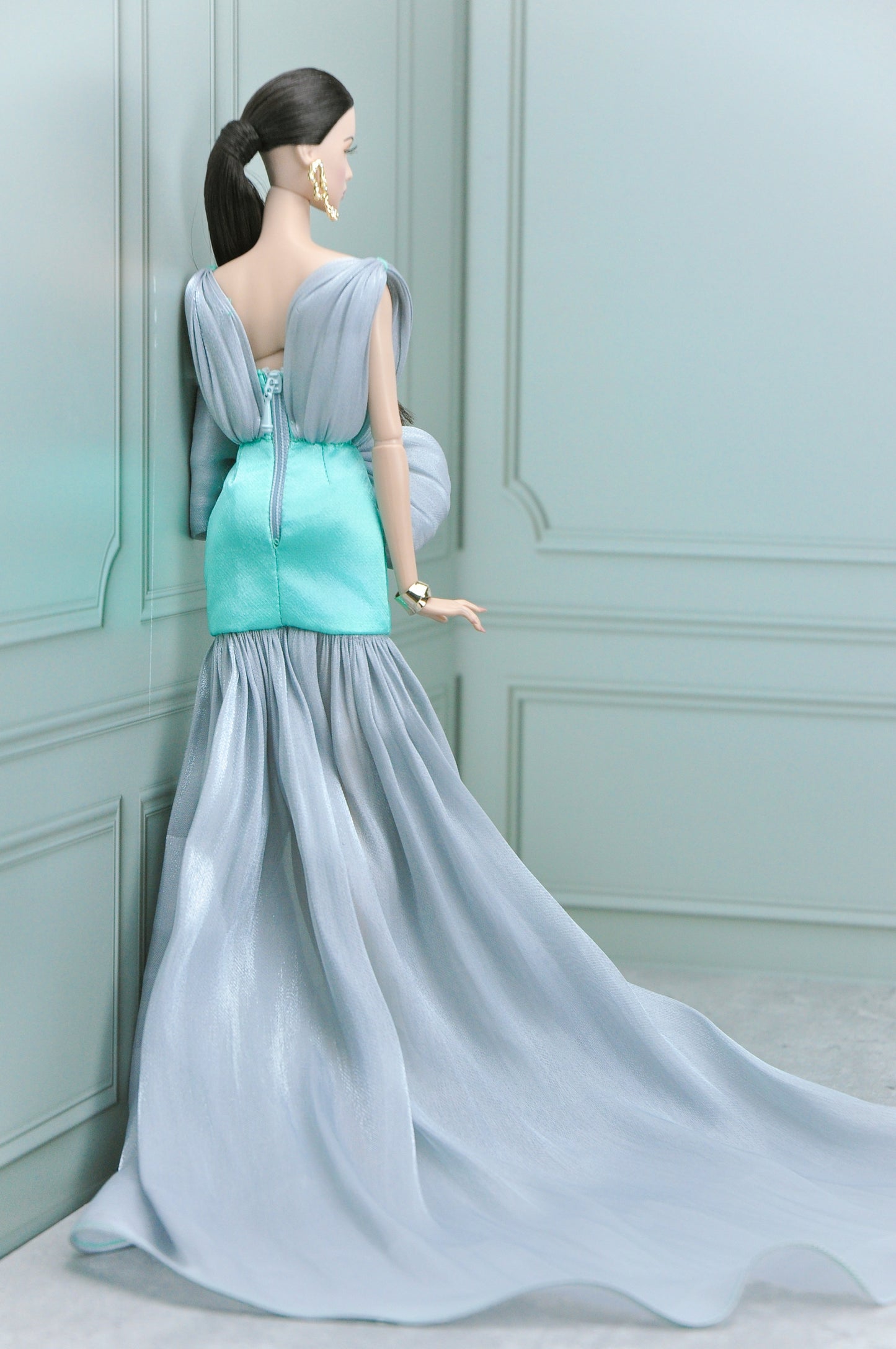 A HAUTE COLLECTION | OOAK gown for Fashion Royalty doll bustier bodice silk chiffon in gray color