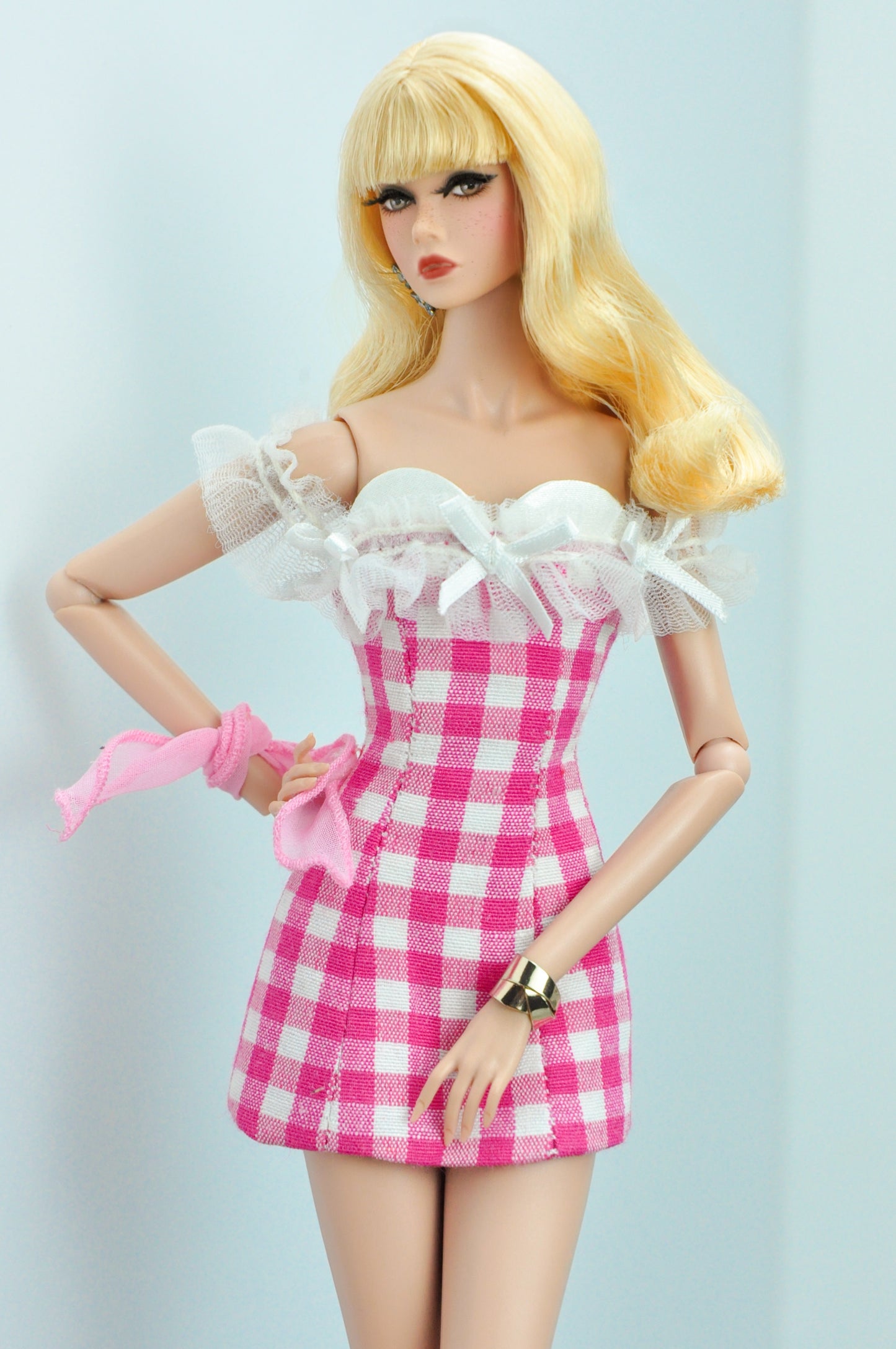 SUPER PLASTIK - Checked pattern off shoulder dress for Fashion Royalty & Poppy Parker