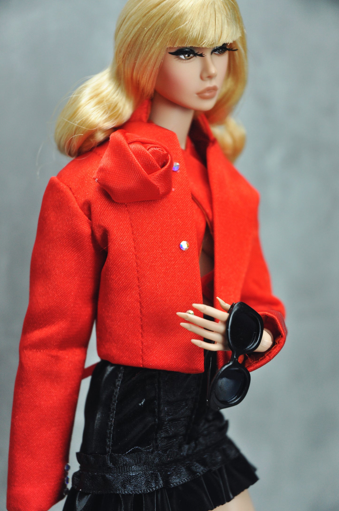 A WAVE 2 - Y2K COLLECTION | Jacket with rose adorn, halter top and leather ruffled skirt