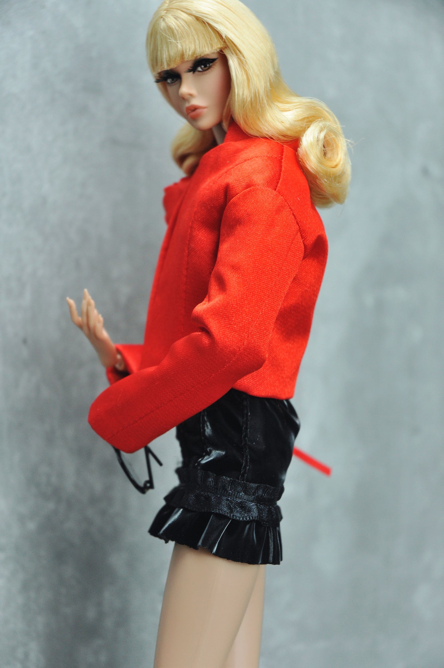 A WAVE 2 - Y2K COLLECTION | Jacket with rose adorn, halter top and leather ruffled skirt