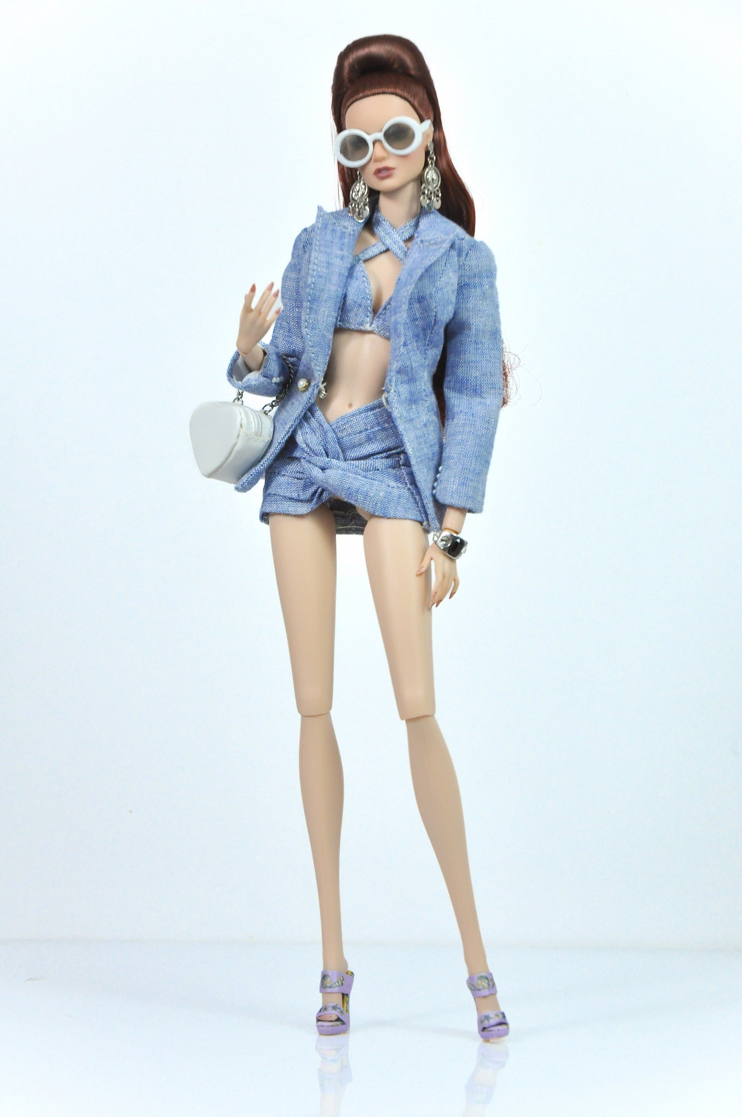 OOAK | Denim ensemble with blazer, crop-top and twisted skirt for Fashion Royalty FR 6.0 & NU FACE doll