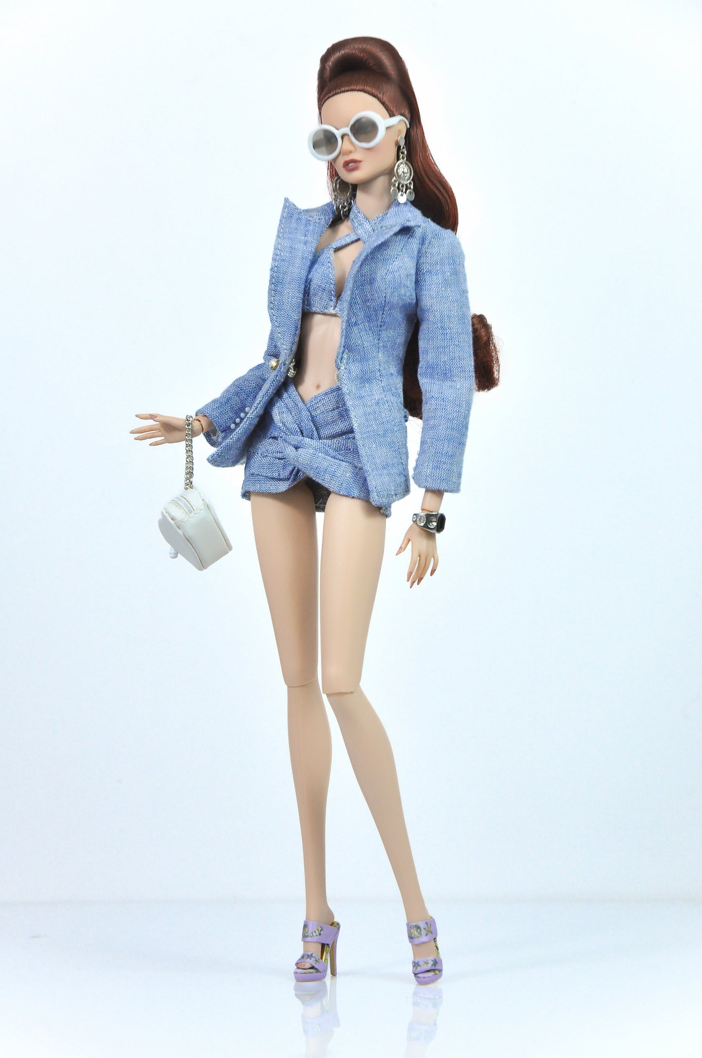 OOAK | Denim ensemble with blazer, crop-top and twisted skirt for Fashion Royalty FR 6.0 & NU FACE doll
