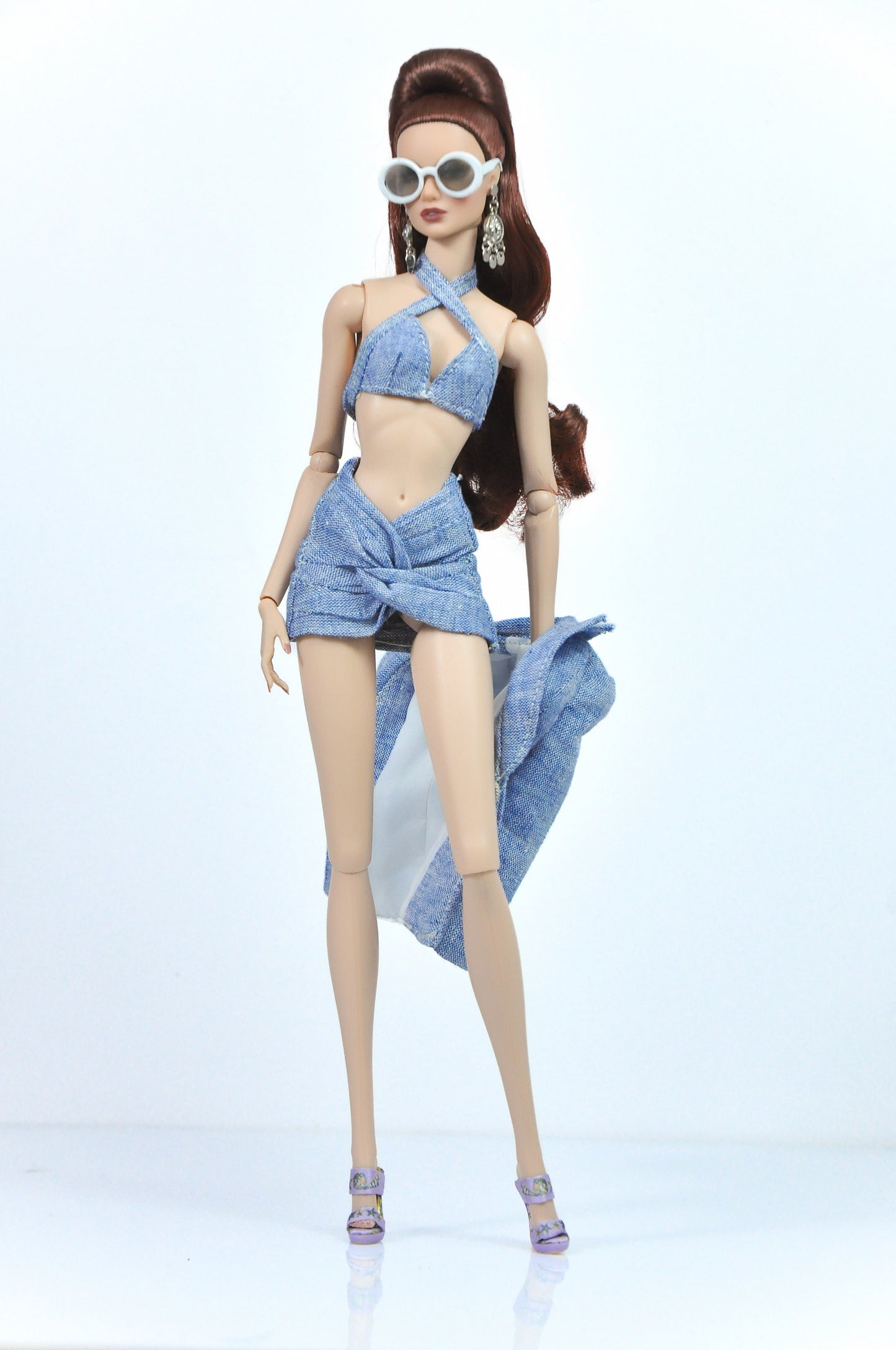 OOAK | Denim ensemble with blazer, crop-top and twisted skirt for Fashion Royalty FR 6.0 & NU FACE doll