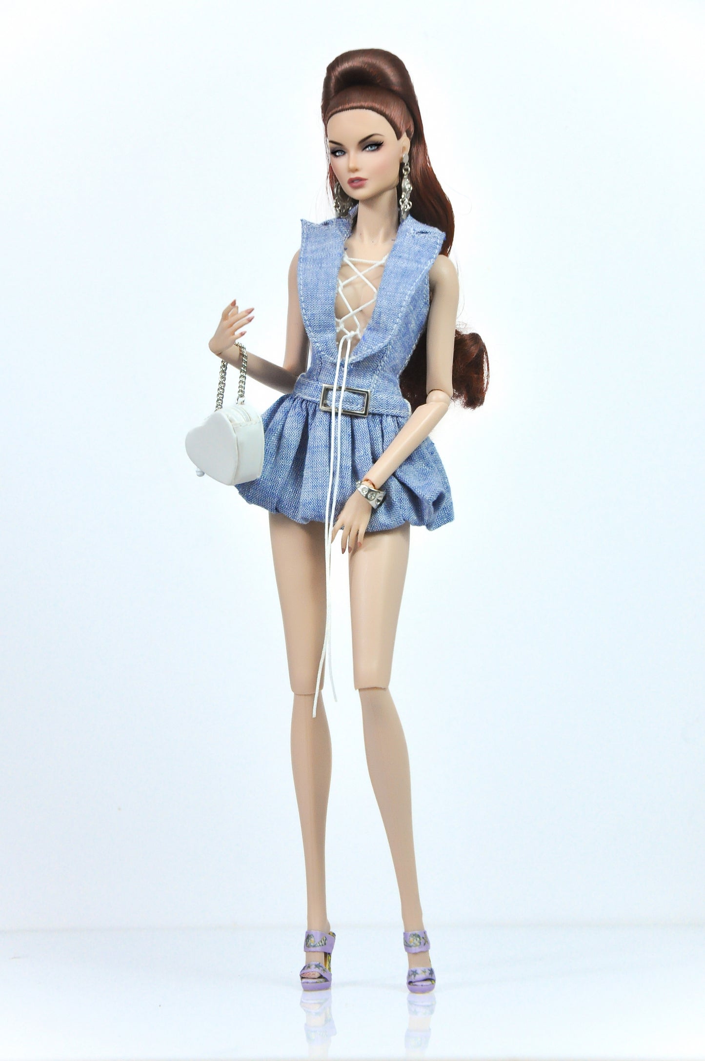 OOAK | Bubble hem denim dress with shawl collar, deep V-neck and matching belt for Fashion Royalty FR 6.0 and NU FACE doll