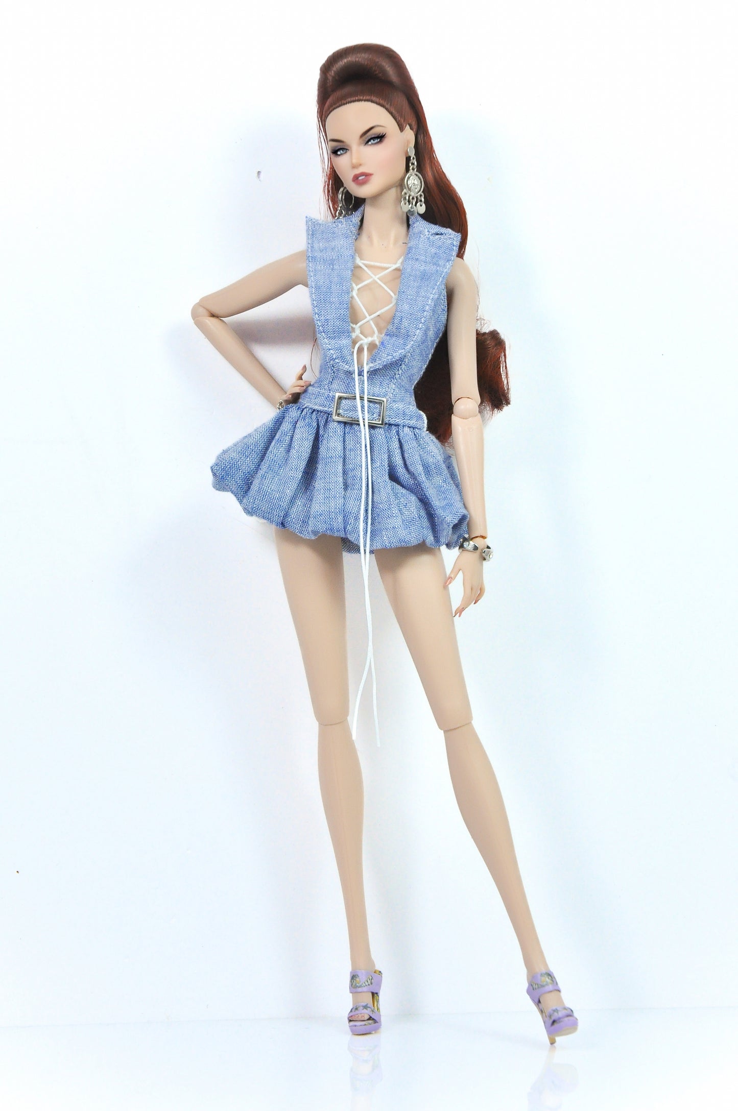 OOAK | Bubble hem denim dress with shawl collar, deep V-neck and matching belt for Fashion Royalty FR 6.0 and NU FACE doll