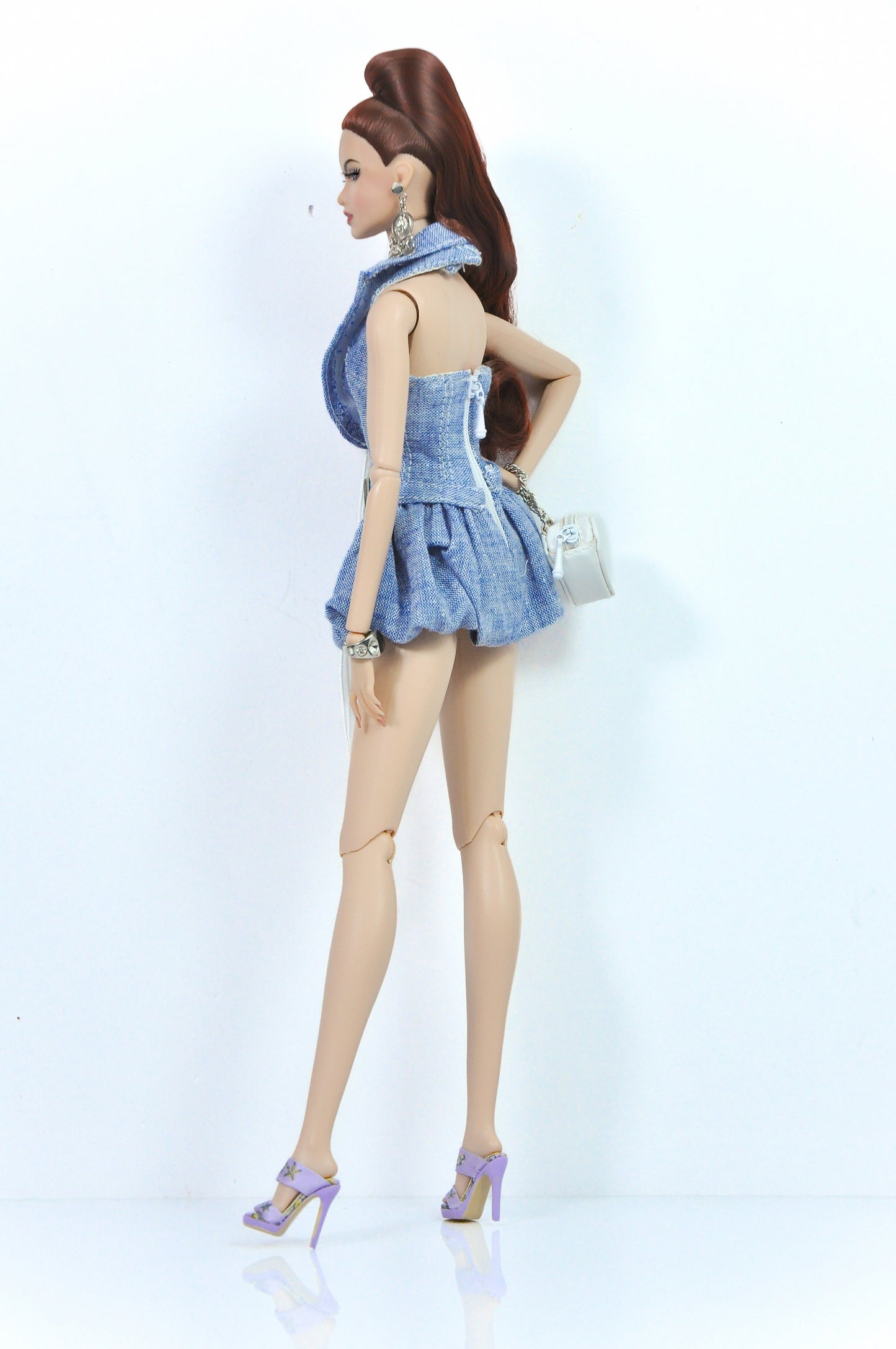 OOAK | Bubble hem denim dress with shawl collar, deep V-neck and matching belt for Fashion Royalty FR 6.0 and NU FACE doll
