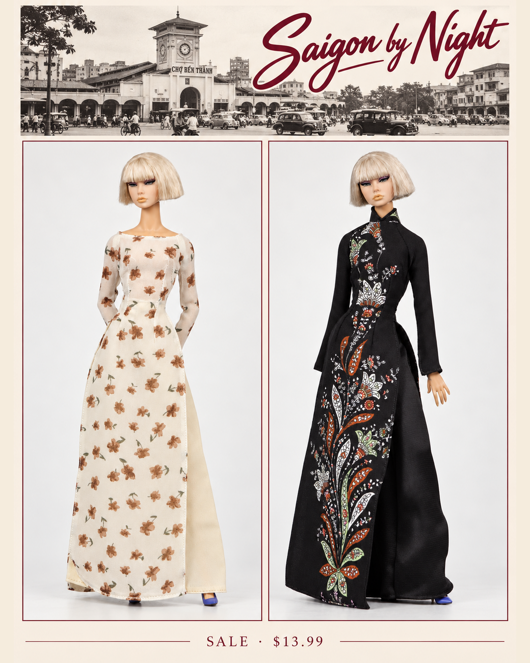 Saigon by Night — two áo dài doll sets with vintage Saigon editorial design, $13.99 per set