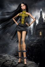 BASIC | A 1/6 Scale Gothic Cross Mini Dress for Fashion Dolls – Handmade Black Couture Dress with Embroidered Gold Cross – Fits Integrity Style Dolls | Plastiktiara