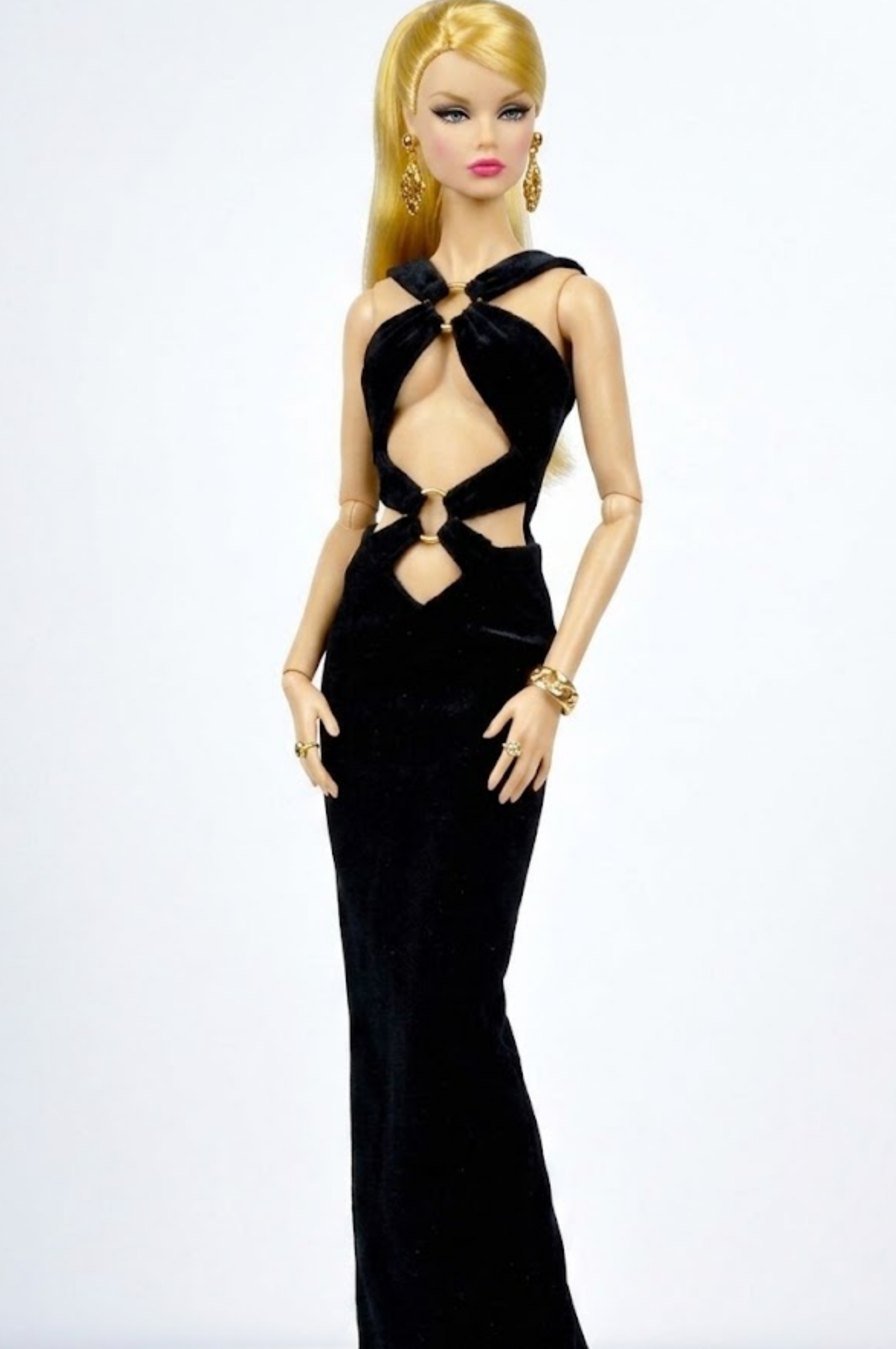 STYLISH WIDOW | Black Cut-Out Halter Gown for Fashion Royalty Doll | 1/6 Scale Doll Clothes | Sexy Evening Dress | H