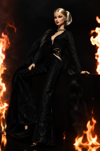 HAUTE | Black Inferno Jumpsuit with Fur Cape for Fashion Royalty Dolls 12 Inch - Handmade Doll Clothes - Integrity Toys FR6.0 - OOAK High Fashion Editorial Outfit
