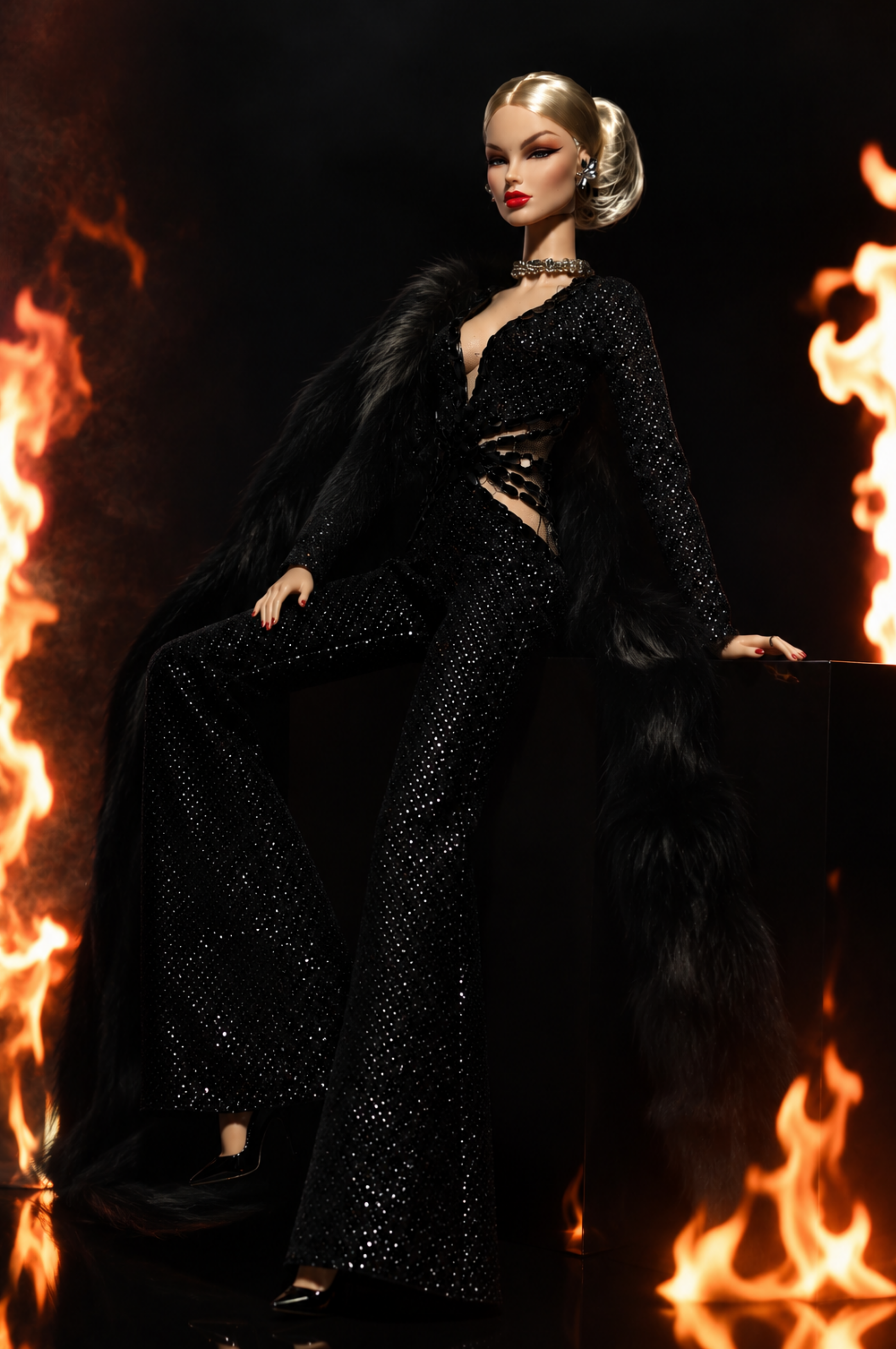 HAUTE | Black Inferno Jumpsuit with Fur Cape for Fashion Royalty Dolls 12 Inch - Handmade Doll Clothes - Integrity Toys FR6.0 - OOAK High Fashion Editorial Outfit