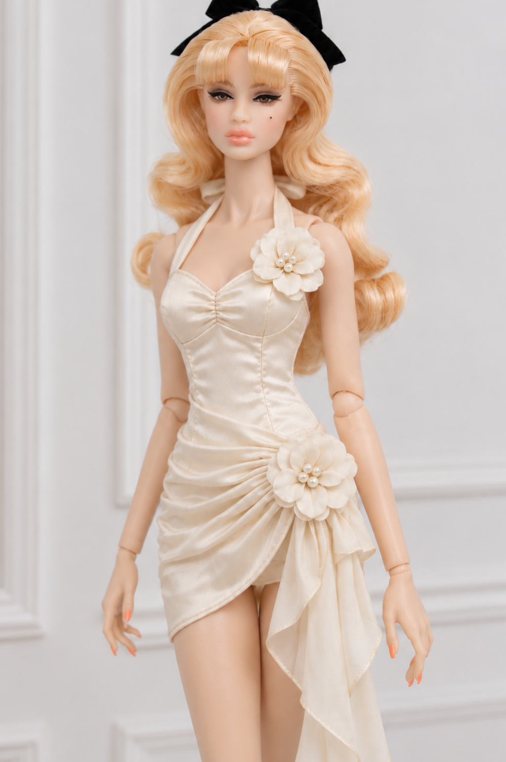BLOOSOM RADIANT | Champagne Ivory Satin Rosette Mini Dress for Fashion Royalty doll clothes | PLASTIKTIARA