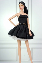 BASIC | Black Bow Cocktail Dress for 12” Fashion Dolls – Elegant Layered Mini Dress with Belt & Tulle Underskirt