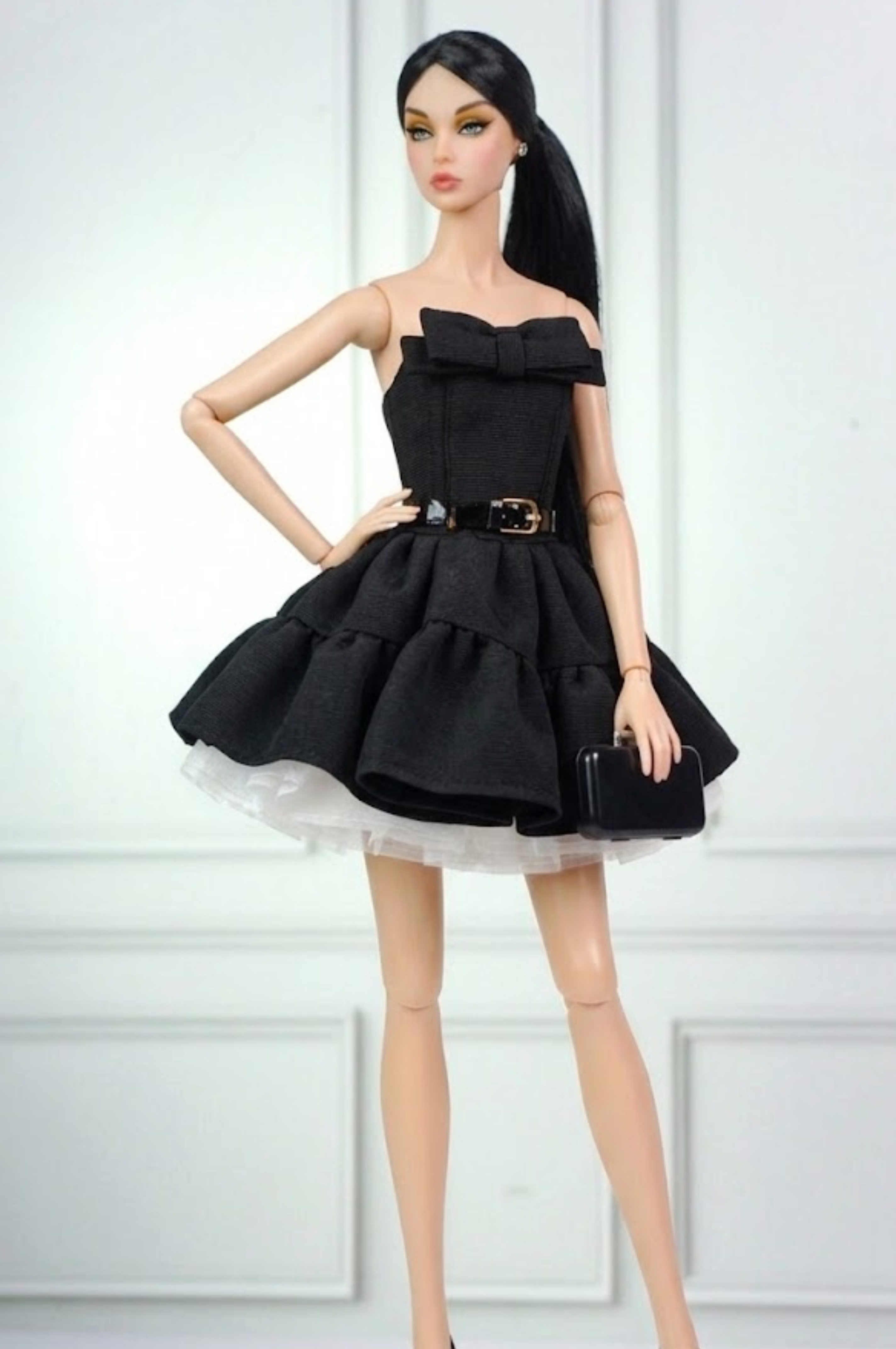 BASIC | Black Bow Cocktail Dress for 12” Fashion Dolls – Elegant Layered Mini Dress with Belt & Tulle Underskirt