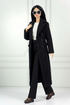 BASIC| Black Bouclé Long Coat Outfit Set for 12” Fashion Dolls – Minimalist Chic Doll Clothes with Tailored Pants & Tee