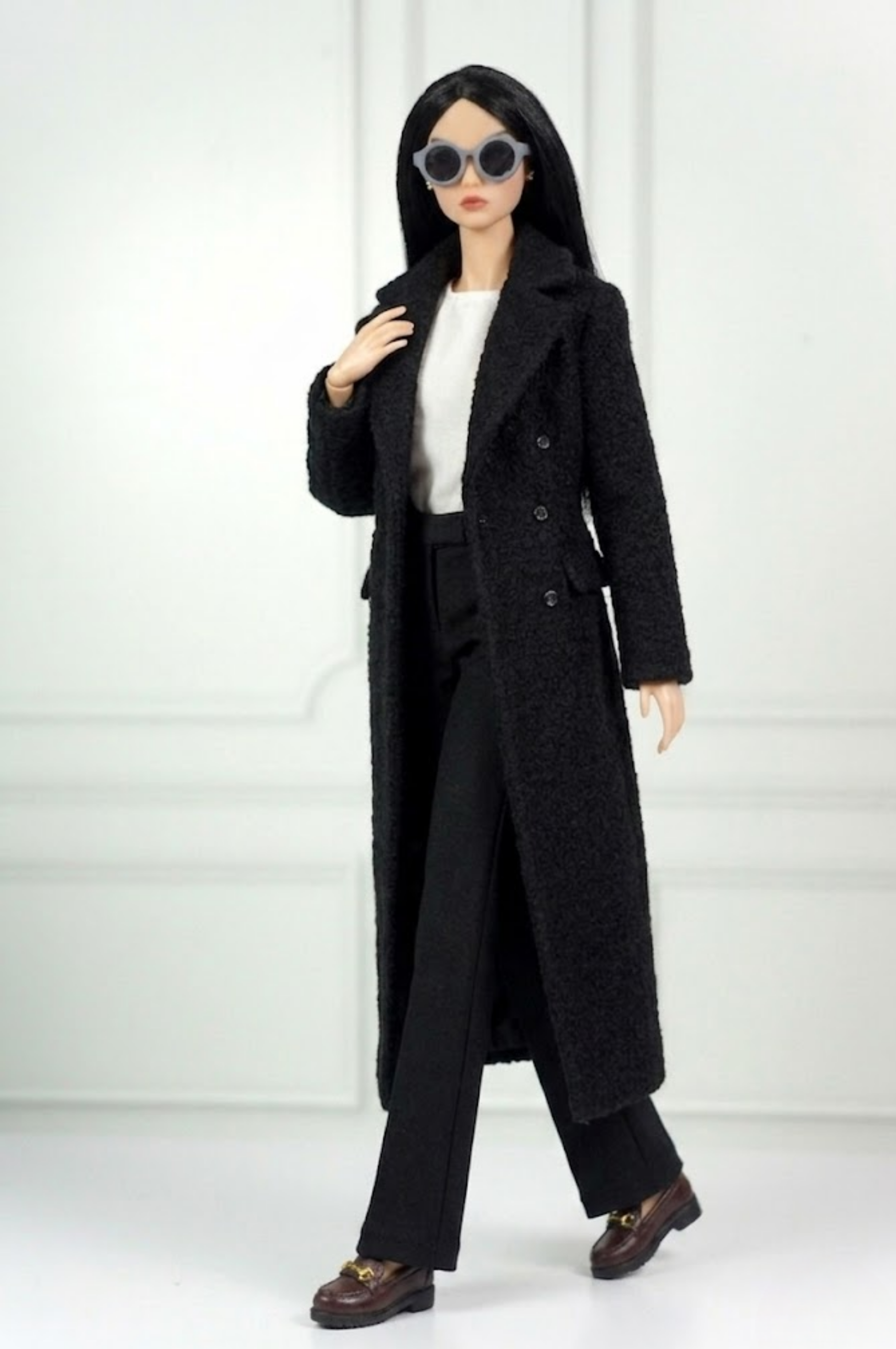 BASIC| Black Bouclé Long Coat Outfit Set for 12” Fashion Dolls – Minimalist Chic Doll Clothes with Tailored Pants & Tee