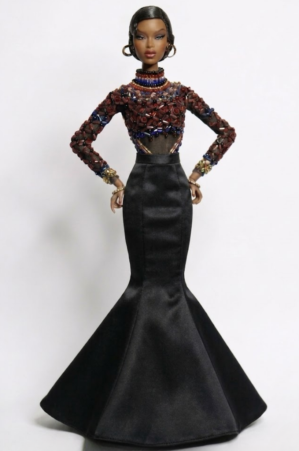 HAUTE | (Skirt included version) Fashion Royalty 6.0 Doll Gown Set – Beaded Couture Top & Black Mermaid Skirt – Luxury Evening Outfit for 12” Dolls