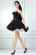 BASIC | Black Bow Cocktail Dress for 12” Fashion Dolls – Elegant Layered Mini Dress with Belt & Tulle Underskirt