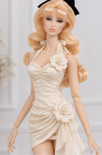 BLOOSOM RADIANT | Champagne Ivory Satin Rosette Mini Dress for Fashion Royalty doll clothes | PLASTIKTIARA