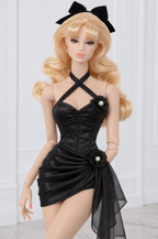 BLOOSOM RADIANT | Midnight Black Floral Corset Mini Dress for Fashion Royalty doll clothes | PLASTIKTIARA