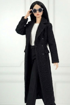 BASIC| Black Bouclé Long Coat Outfit Set for 12” Fashion Dolls – Minimalist Chic Doll Clothes with Tailored Pants & Tee