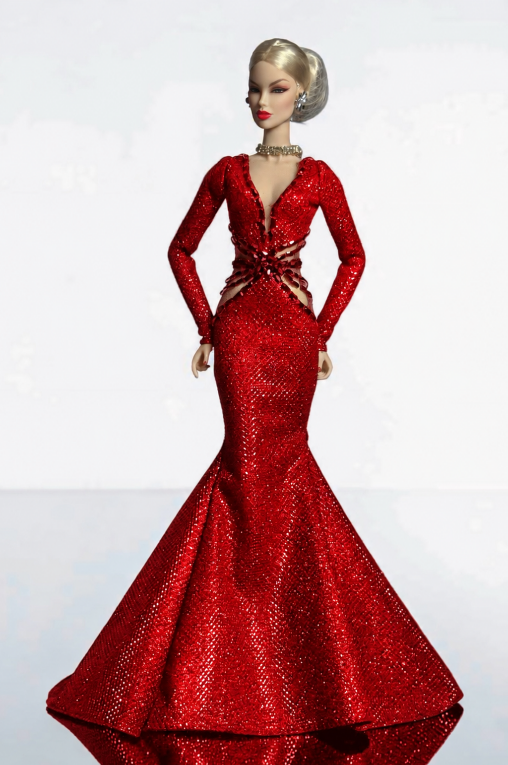 HAUTE | Luxury Red Sequin Mermaid Gown for Fashion Royalty Doll - Handmade Evening Dress for 12 Inch Dolls