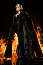 HAUTE | Black Inferno Jumpsuit with Fur Cape for Fashion Royalty Dolls 12 Inch - Handmade Doll Clothes - Integrity Toys FR6.0 - OOAK High Fashion Editorial Outfit