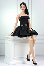 BASIC | Black Bow Cocktail Dress for 12” Fashion Dolls – Elegant Layered Mini Dress with Belt & Tulle Underskirt