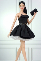 BASIC | Black Bow Cocktail Dress for 12” Fashion Dolls – Elegant Layered Mini Dress with Belt & Tulle Underskirt