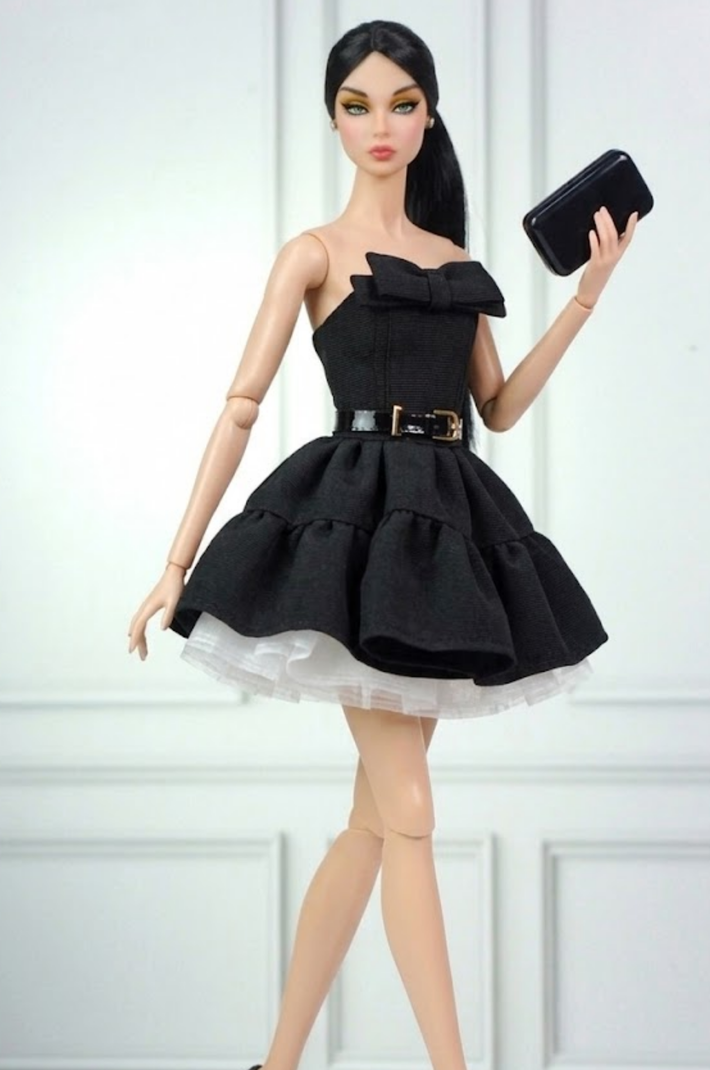 BASIC | Black Bow Cocktail Dress for 12” Fashion Dolls – Elegant Layered Mini Dress with Belt & Tulle Underskirt