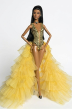 HAUTE | OOAK Couture Gold Bodysuit & Dramatic Yellow Train Gown for Fashion Royalty / 1:6 Dolls