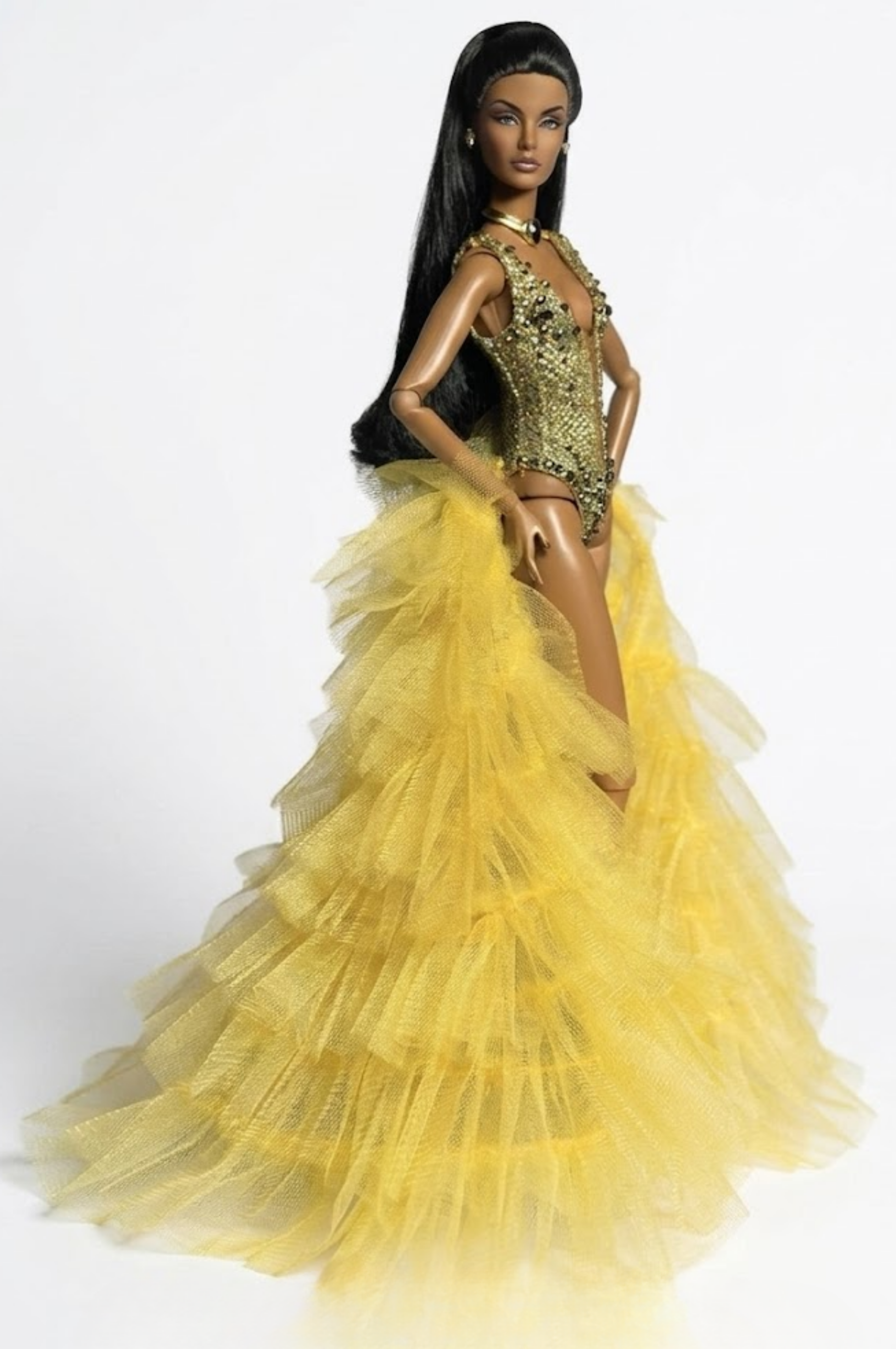 HAUTE | OOAK Couture Gold Bodysuit & Dramatic Yellow Train Gown for Fashion Royalty / 1:6 Dolls