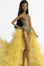 HAUTE | OOAK Couture Gold Bodysuit & Dramatic Yellow Train Gown for Fashion Royalty / 1:6 Dolls