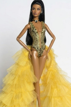 HAUTE | OOAK Couture Gold Bodysuit & Dramatic Yellow Train Gown for Fashion Royalty / 1:6 Dolls