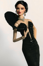 CULINARY CAPTIVATING | Black Mermaid Evening Gown for Fashion Royalty 12.5" Doll | OOAK Couture Doll Dress | Hand-Beaded Red Carpet Gown