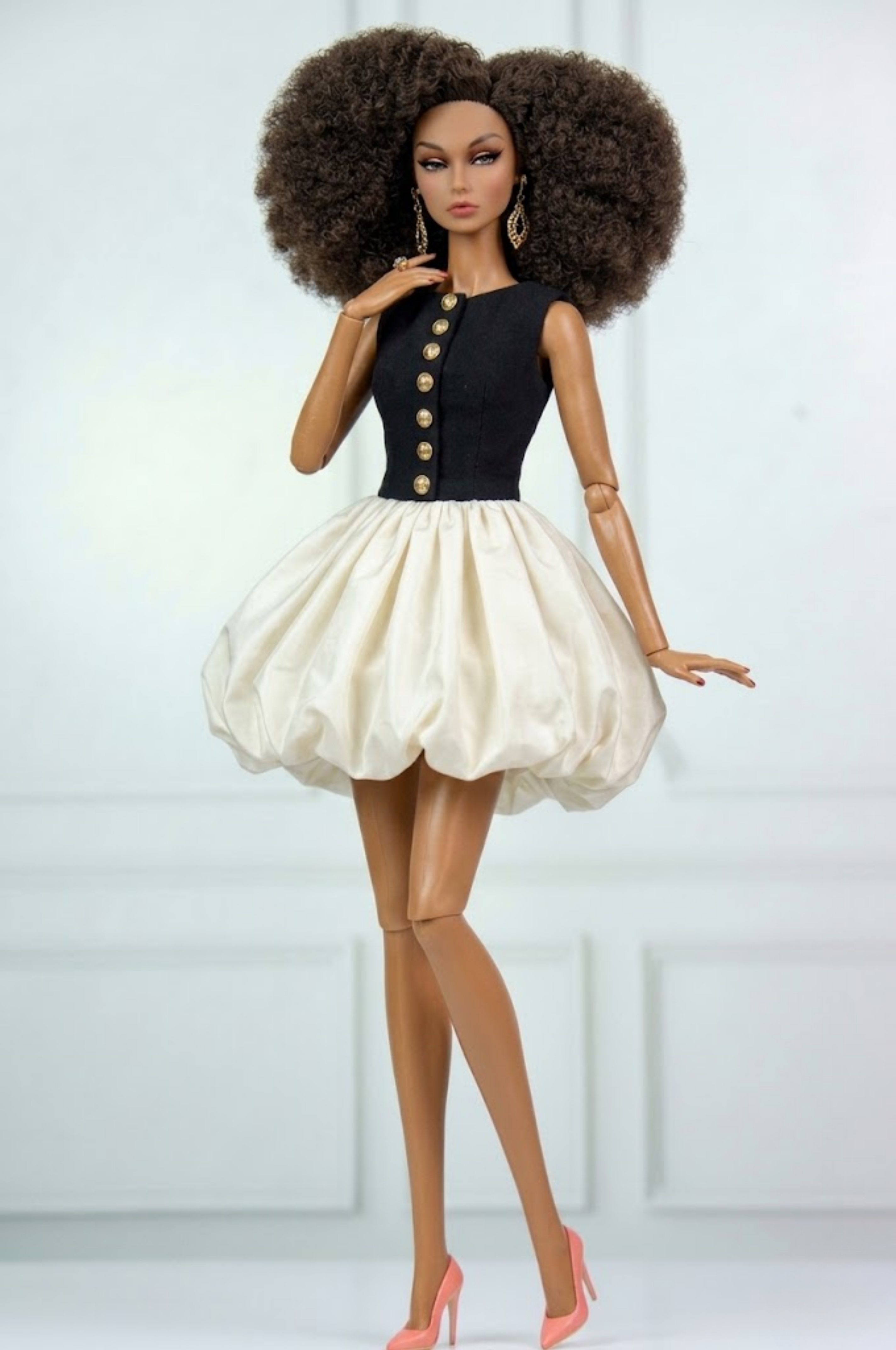 MODERN SENSUAL | A Black Button Bodice & Ivory Bubble Skirt Mini Dress | Elegant Couture Outfit for FR Dolls