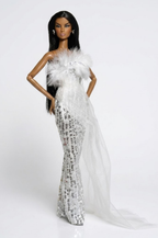 BASIC | Fashion Royalty 6.0 Doll Clothes – White Feather Sequin Gown Set – Couture Evening Dress with Train