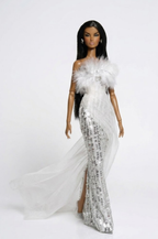 BASIC | Fashion Royalty 6.0 Doll Clothes – White Feather Sequin Gown Set – Couture Evening Dress with Train