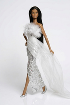 BASIC | Fashion Royalty 6.0 Doll Clothes – White Feather Sequin Gown Set – Couture Evening Dress with Train