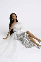BASIC | Fashion Royalty 6.0 Doll Clothes – White Feather Sequin Gown Set – Couture Evening Dress with Train