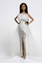 BASIC | Fashion Royalty 6.0 Doll Clothes – White Feather Sequin Gown Set – Couture Evening Dress with Train