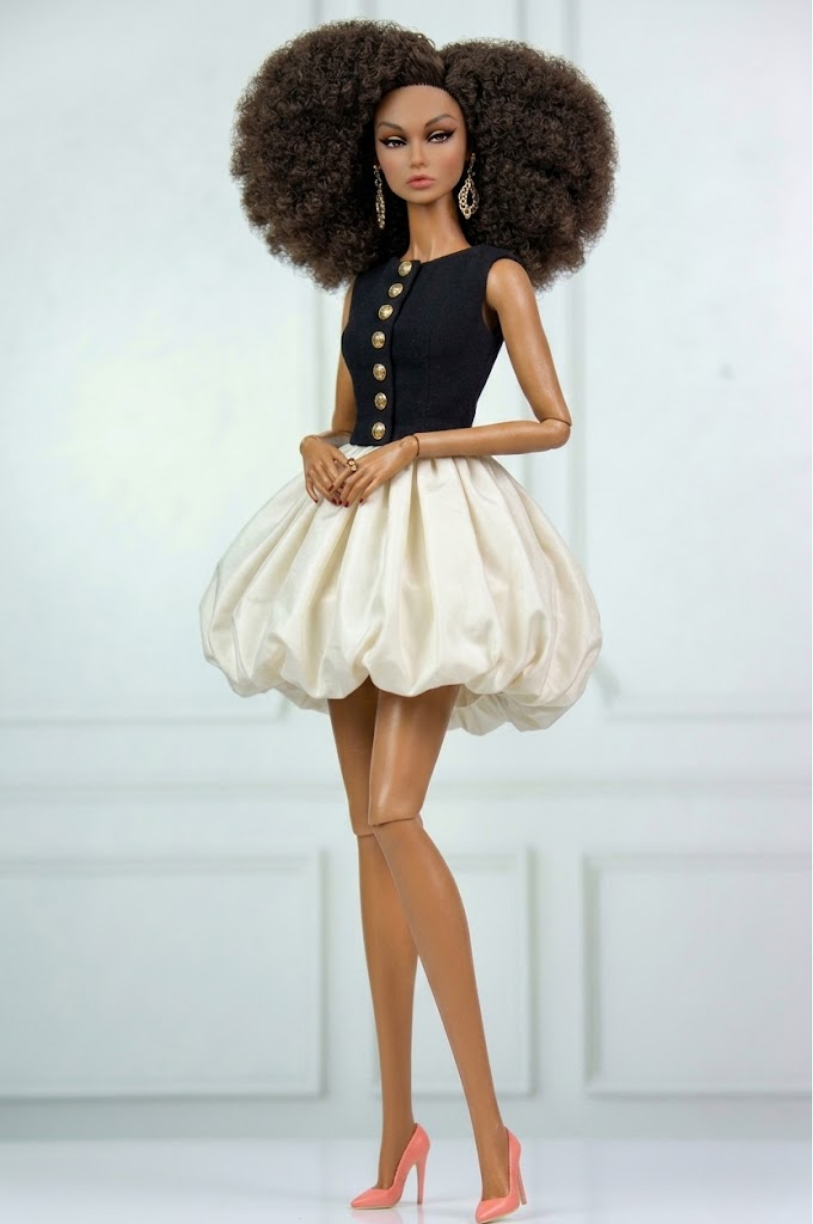 MODERN SENSUAL | A Black Button Bodice & Ivory Bubble Skirt Mini Dress | Elegant Couture Outfit for FR Dolls