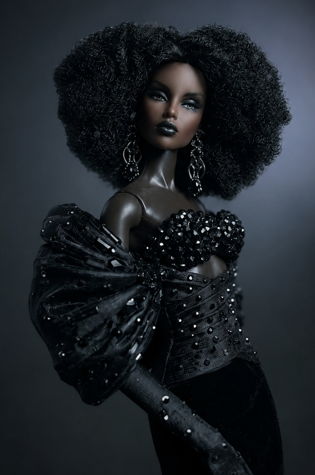 HAUTE| Black Beaded Evening Gown for 12 Inch Fashion Dolls | Glamorous Couture Dress | Collector Doll Clothes | OOAK Fashion Doll Outfit