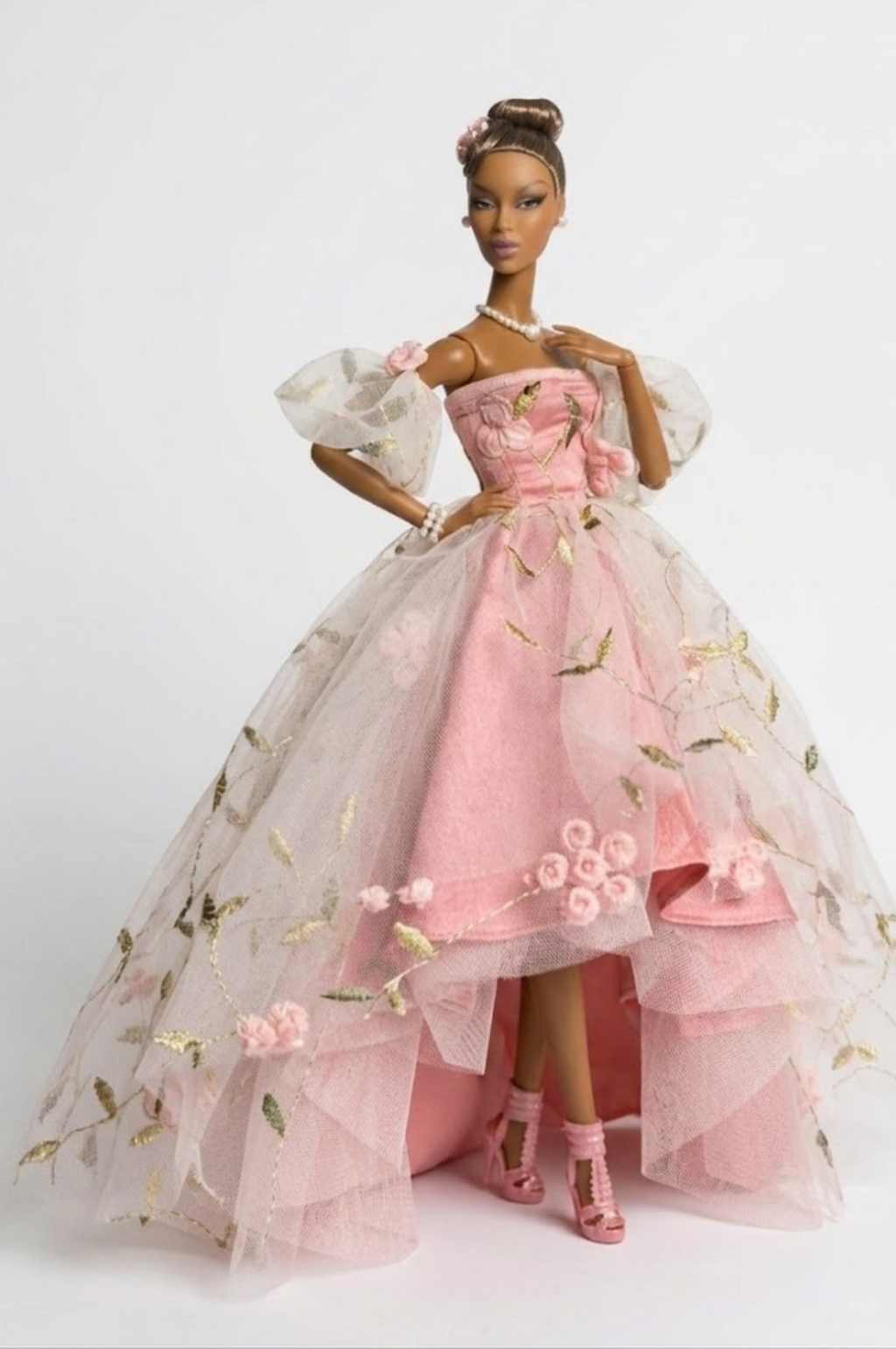 HAUTE | Pink Embroidered Ball Gown for Fashion Royalty Dolls | OOAK Couture Doll Dress