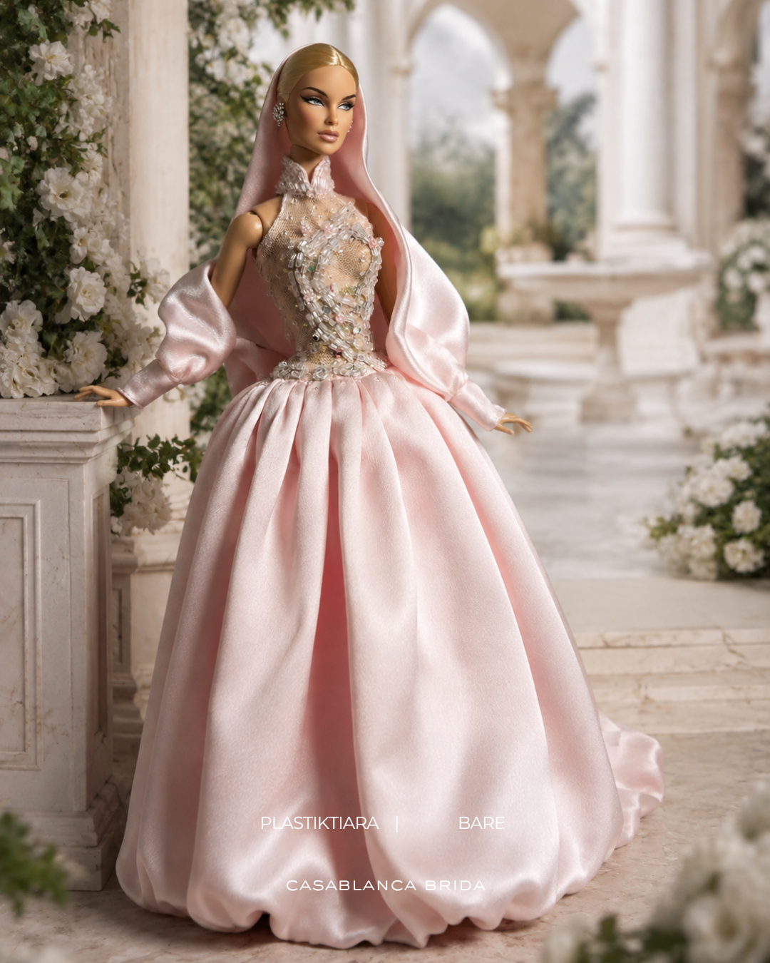 DELUXE | Pink Beaded Couture Ball Gown with Hood | Handmade Fashion Royalty Doll Clothes | 1/6 Scale Couture Dress | Plastiktiara