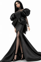 HAUTE | Black Silk Mermaid Gown & Sheer Net Bodysuit for 1/6 Scale Fashion Doll | Plastiktiara