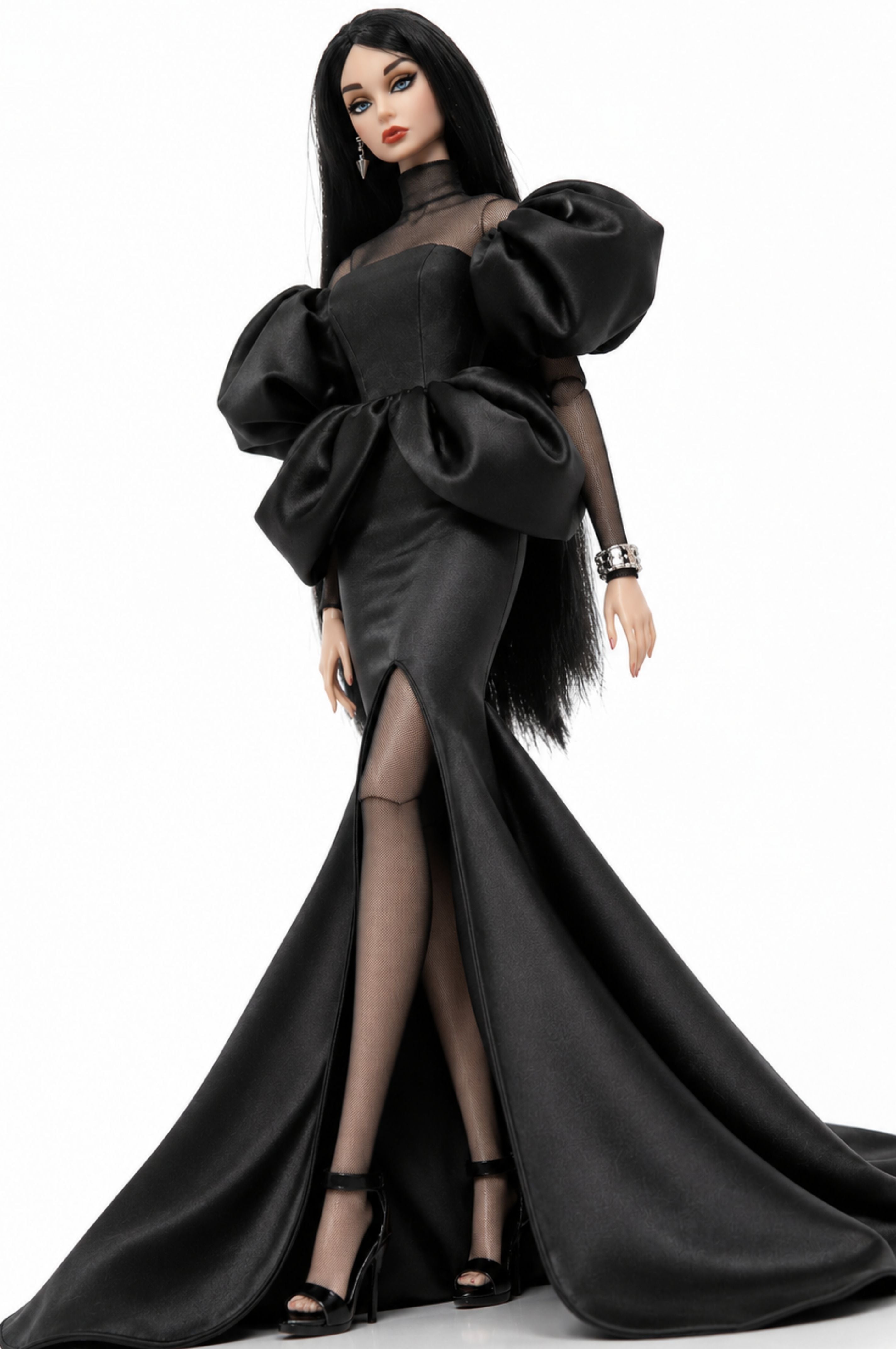 HAUTE | Black Silk Mermaid Gown & Sheer Net Bodysuit for 1/6 Scale Fashion Doll | Plastiktiara
