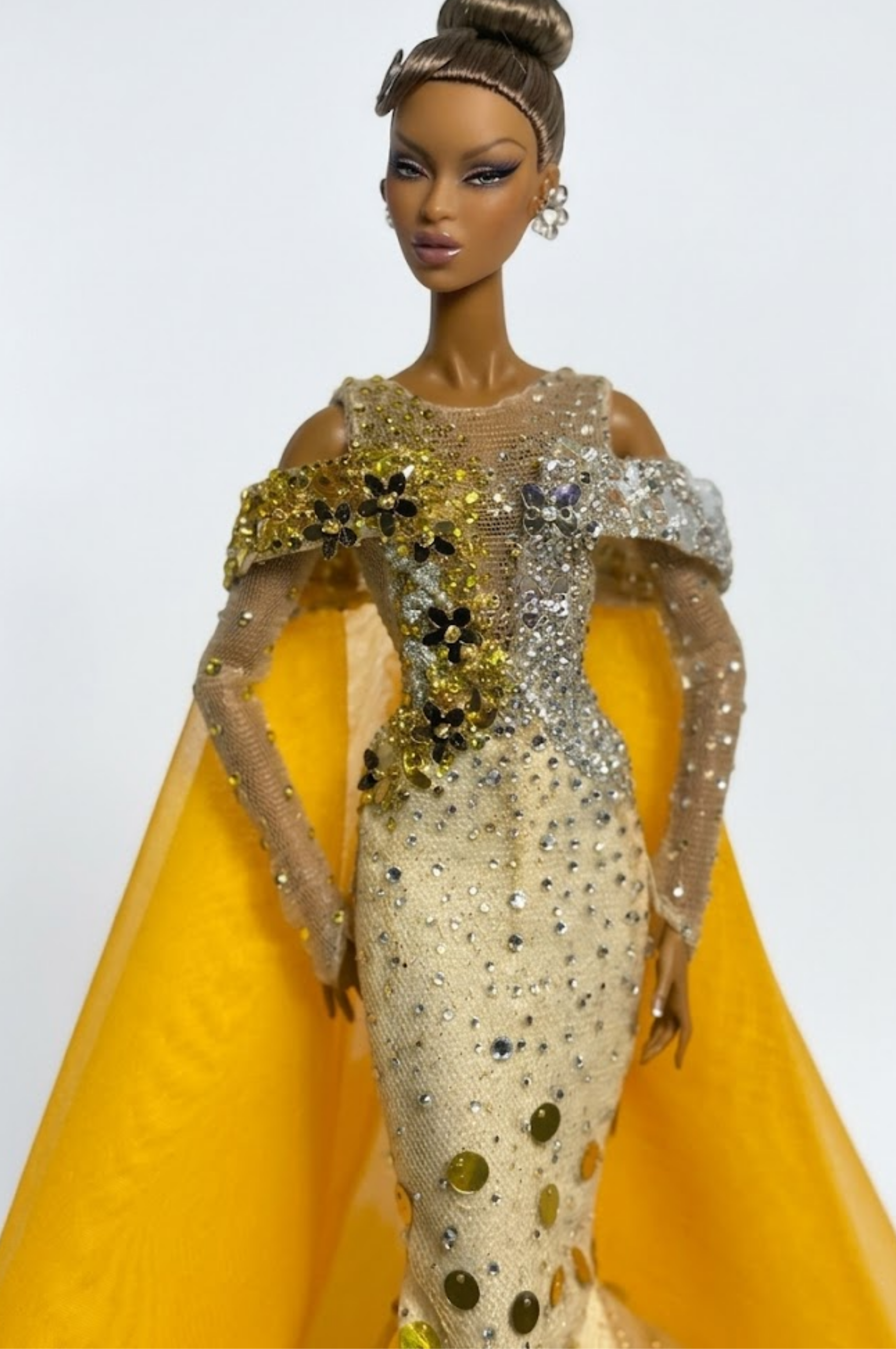 HAUTE | Golden Aura Couture Gown -  Luxury 1/6 Scale Doll Outfit – Handmade Designer Piece